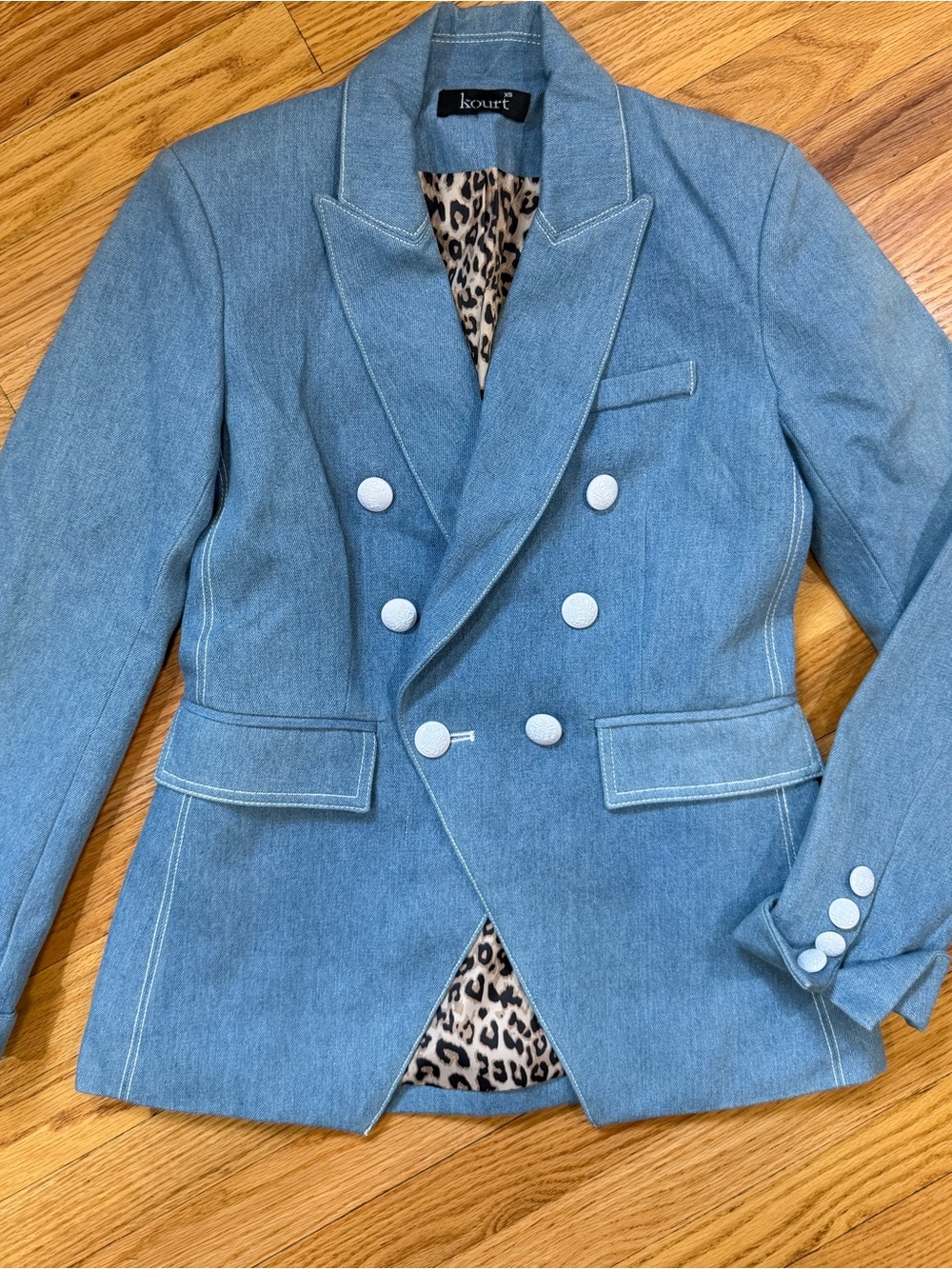 Kourt Light Denim Double-Breasted Blazer with Animal Print Lining